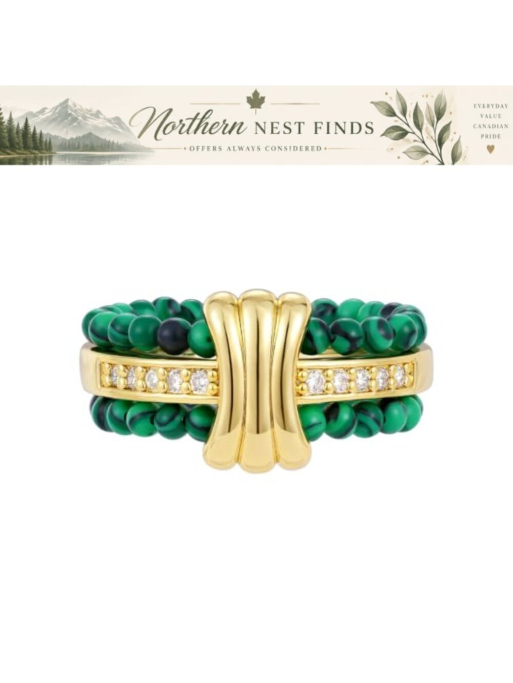 14K Gold Plated Stackable Beaded Rings Set CZ Natural Stone Band